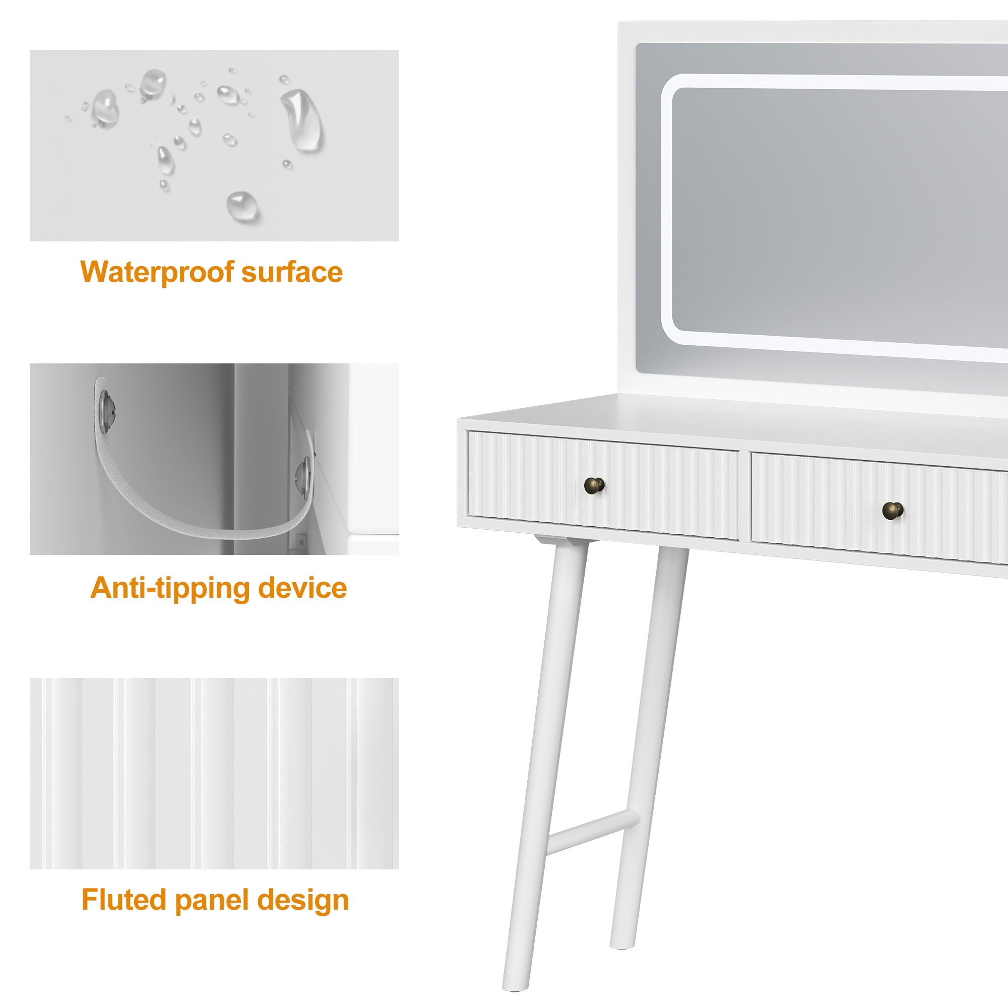 Fluted Vanity Desk With LED Lighted Mirror, Makeup Table With Drawers, 3 Lighting Colors Touch Control, For Bedroom, White_voghion.com